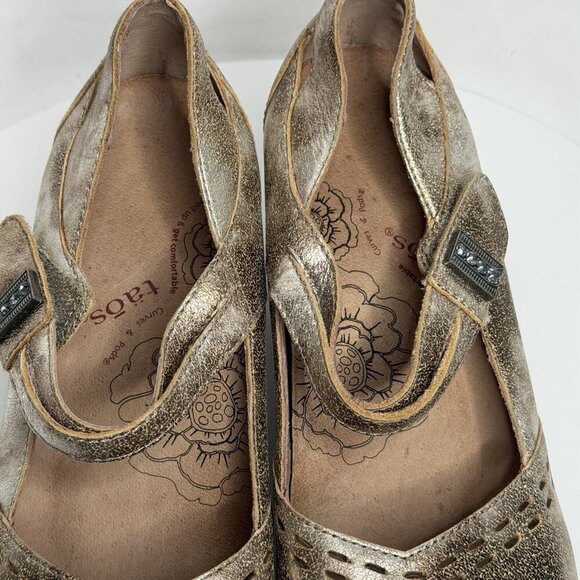 Taos Stunner Women's 6.5 Mary Jane Heels Antique Gold Leather Cap Toe Laser Cut - Picture 7 of 8